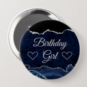 Blue & Silver Glitzer Marble Agate Birthday Girl Button (Vorne & Hinten)