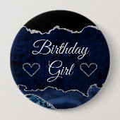 Blue & Silver Glitzer Marble Agate Birthday Girl Button (Vorderseite)