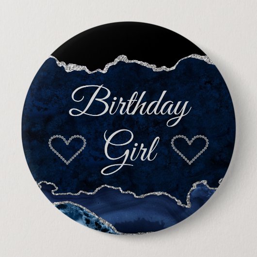 Blue & Silver Glitzer Marble Agate Birthday Girl Button (Vorderseite)