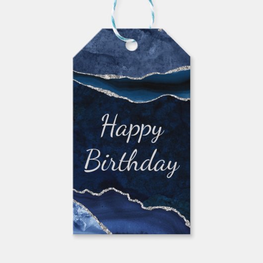 Blue & Silver Glitzer Marble Agate Geburtstag Geschenkanhänger (Vorderseite)