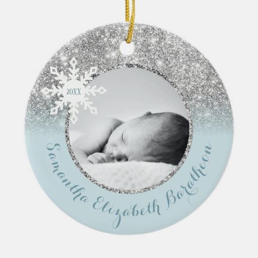 Blue Silver Glitzer Winter Personalisiert Baby Cer Keramik Ornament (Vorne)