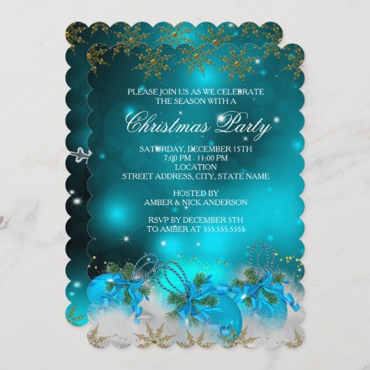 Blue Silver & Gold Holly Baubles Weihnachtsfest Pa Einladung (Vorne/Hinten)