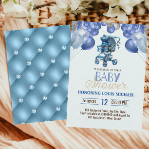 Blue Silver Gold Stroller Glitzer Boy Baby Dusche Einladung