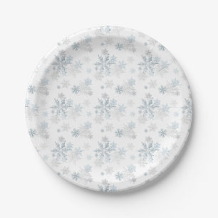 Blue Silver Grau Winter Wonderland Snowflake Pappteller
