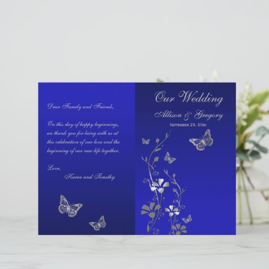Blue, Silver Gray Butterfly Floral Wedding Program (Stehend Vorderseite)
