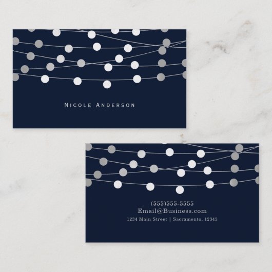 Blue Silver Gray String Lights Modern Chic Glam Visitenkarte (Vorne/Hinten)