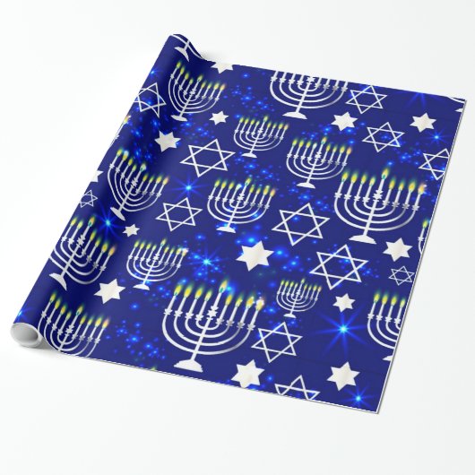 Blue & Silver Hanukkah Menorah Geschenkpapier (Ungerollt)