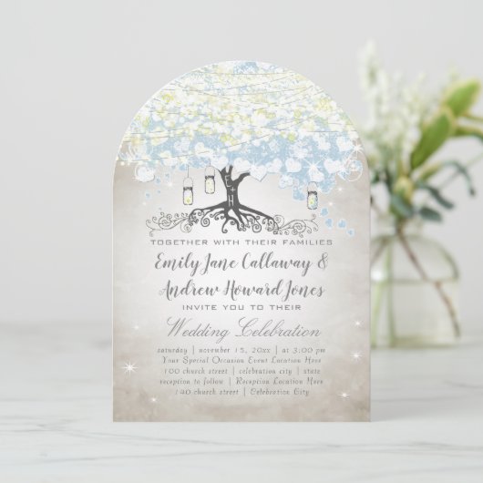 Blue & Silver Heart Leaf Tree Woodsy Boho Wedding Einladung (Stehend Vorderseite)