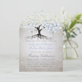 Blue & Silver Heart Leaf Tree Woodsy Boho Wedding Einladung (Stehend Vorderseite)