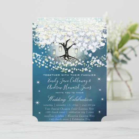 Blue & Silver Heart Leaf Tree Woodsy Boho Wedding Einladung (Stehend Vorderseite)