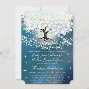 Blue & Silver Heart Leaf Tree Woodsy Boho Wedding Einladung