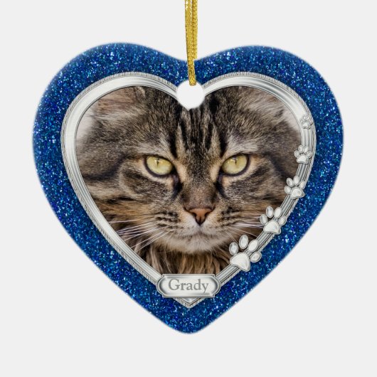 Blue Silver Heart Pet Cat Memorial Foto Weihnachte Keramikornament (Vorne)