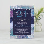 Blue & Silver Holo Glitzer Agate Birthday Einladung (Stehend Vorderseite)