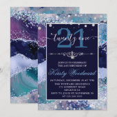 Blue & Silver Holo Glitzer Agate Birthday Einladung (Vorne/Hinten)