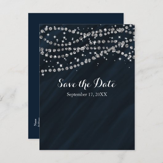 Blue & Silver Imitate Diamond Blenden Save the Dat Ankündigungspostkarte (Vorne/Hinten)