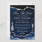 Blue & Silver Imitats Glitzer Marble Agate Wedding Save The Date (Vorderseite)