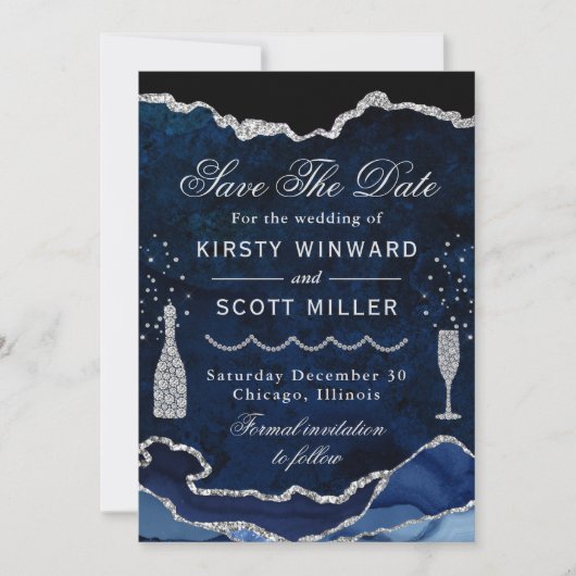 Blue & Silver Imitats Glitzer Marble Agate Wedding Save The Date (Vorderseite)