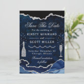 Blue & Silver Imitats Glitzer Marble Agate Wedding Save The Date (Stehend Vorderseite)