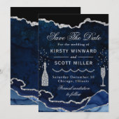 Blue & Silver Imitats Glitzer Marble Agate Wedding Save The Date (Vorne/Hinten)