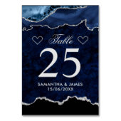 Blue & Silver Imitats Glitzer Marble Agate Wedding Tischnummer (Rückseite)