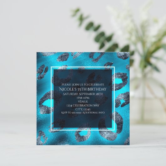 Blue & Silver Leopard Print Party Einladungen (Stehend Vorderseite)