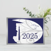 Blue Silver Man Silhouette 2025 Graduation Party Einladung (Stehend Vorderseite)