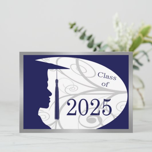 Blue Silver Man Silhouette 2025 Graduation Party Einladung (Stehend Vorderseite)