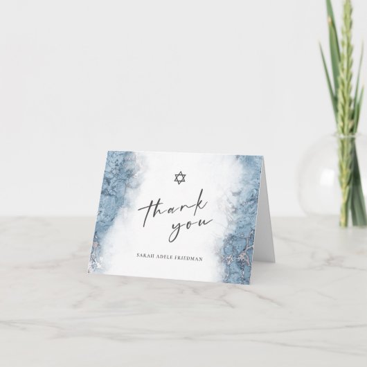 Blue Silver Marble Bar or Bat Mitzvah Vielen Dank Dankeskarte (Vorderseite)