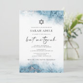 Blue Silver Marble Bat Mitzvah Einladung (Stehend Vorderseite)