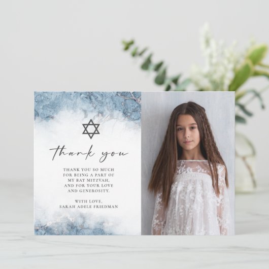 Blue Silver Marble Bat Mitzvah Vielen Dank Dankeskarte (Stehend Vorderseite)