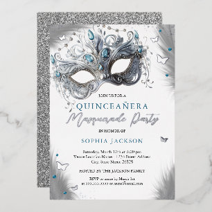 Blue Silver Masquerade Maske Butterfly Quinceanera Folieneinladung