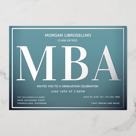 Blue Silver MBA Abschluss Folieneinladung (Vorderseite)
