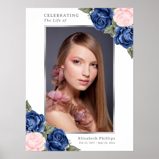 Blue Silver Memorial Beerdigung Foto Begrüßungszei Poster (Vorne)