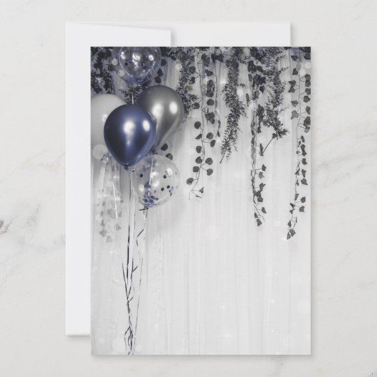 Blue Silver Metallic Balloons Ivy White Sweet 16 Einladung (Rückseite)