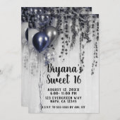 Blue Silver Metallic Balloons Ivy White Sweet 16 Einladung (Vorne/Hinten)