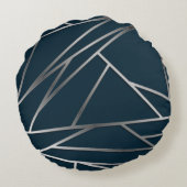 Blue Silver Modern Geometric Rundes Kissen (Rückseite)