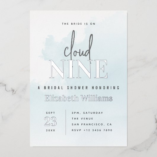 Blue & Silver Modern On Cloud 9 Bridal Shower Folieneinladung (Vorderseite)