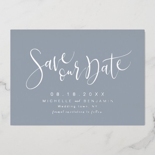 Blue Silver Modern Script Save the Date einfach Folieneinladung (Vorderseite)