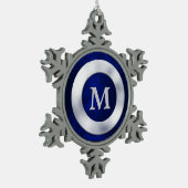Blue Silver Monogram Christmas Schneeflocken Zinn-Ornament (Links)