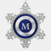 Blue Silver Monogram Christmas Schneeflocken Zinn-Ornament (Vorderseite)