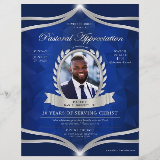 Blue Silver Pastor Apprecision Kirche Service Flyer (Vorne)