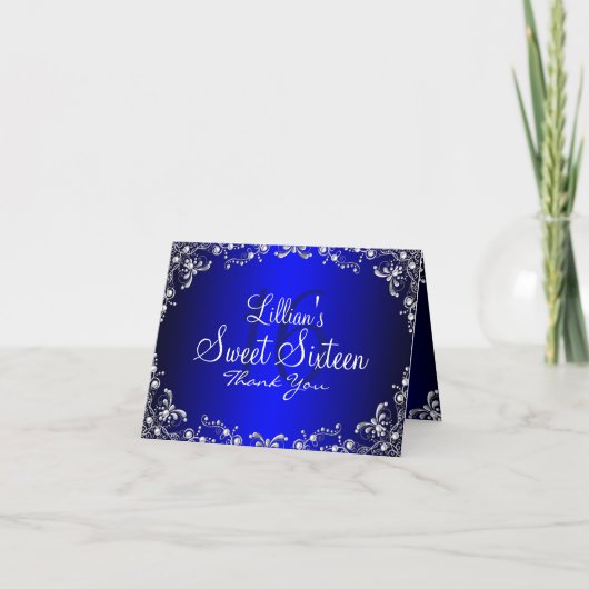 Blue Silver Pearl Damask Sweet 16 Danke Karte (Vorderseite)