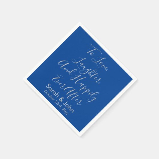 Blue Silver Personalisiert Script Hochzeitsempfang Serviette (Ecke)