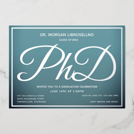 Blue Silver PhD Abschluss Folieneinladung (Vorderseite)