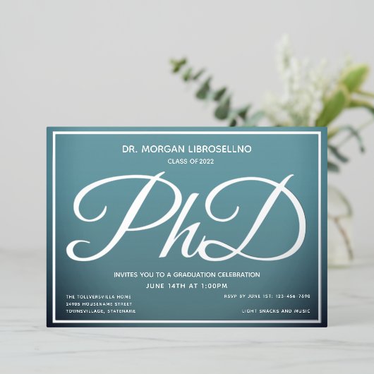 Blue Silver PhD Abschluss Folieneinladung (Stehend vorne)