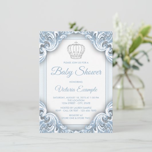 Blue Silver Prince Baby Dusche Einladungen (Stehend Vorderseite)
