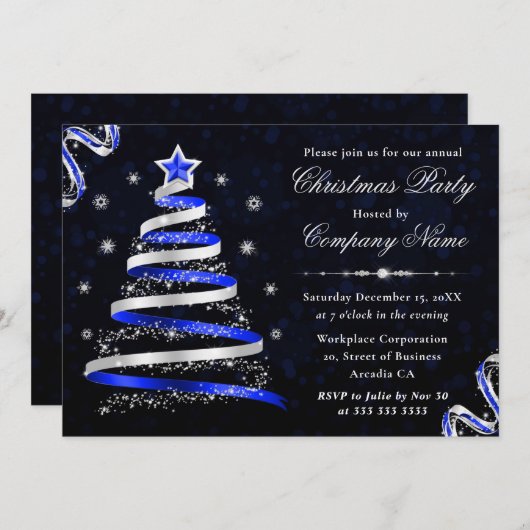 Blue & Silver Ribbon Tree Weihnachten im Unternehm Einladung (Vorne/Hinten)