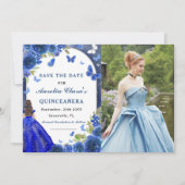 Blue Silver Rose Quinceanera Foto Save The Date (Vorderseite)