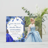 Blue Silver Rose Quinceanera Foto Save The Date (Stehend Vorderseite)