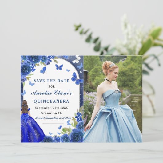 Blue Silver Rose Quinceanera Foto Save The Date (Stehend Vorderseite)